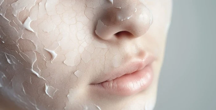 피부 장벽이 무너진 얼굴의 각질과 건조한 부위가 클로즈업된 이미지로, 외부 자극과 수분 손실로 인한 피부 손상 상태를 보여준다. (Close-up of dry, flaky skin showing a weakened skin barrier and moisture loss.)